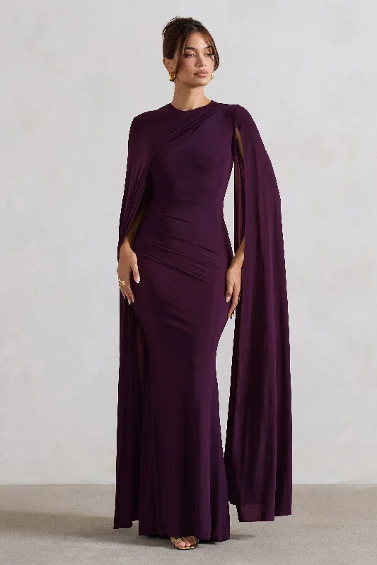 Magdelena | Plum Asymmetric Cape Maxi Dress Fashionable Maxi Dress with Fringe