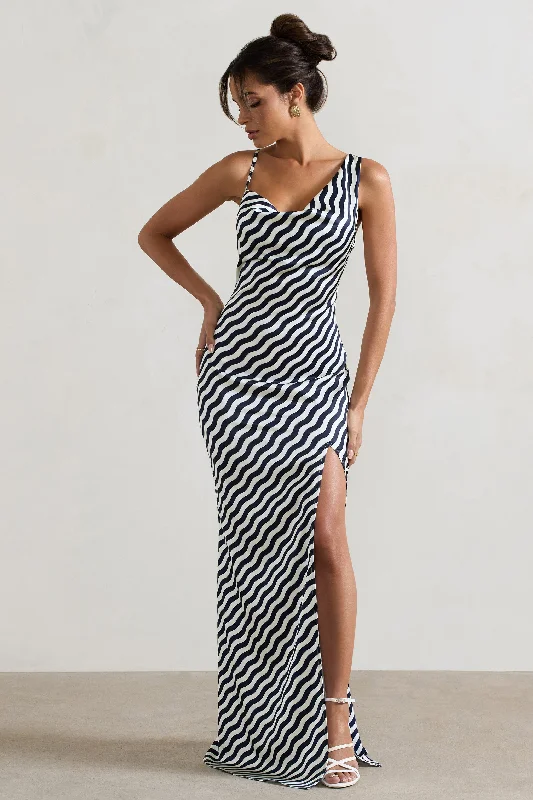 Magnetic | Navy Wave Print Cowl-Neck Split Maxi Dress Comfortable Pleated Maxi Dress Magnetic | Navy Wave Print Cowl-Neck Split Maxi Dress Comfortable Pleated Maxi Dress