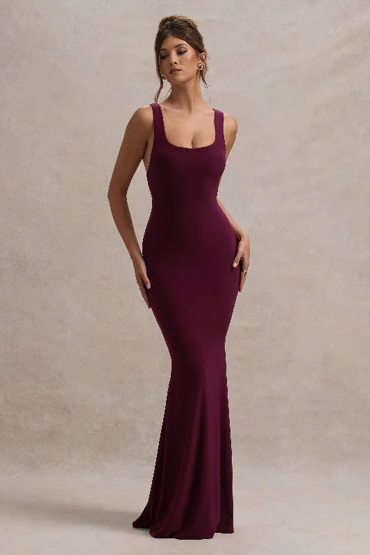 Mahina | Burgundy Square-Neck Maxi Dress Fashionable Chiffon Maxi Dress