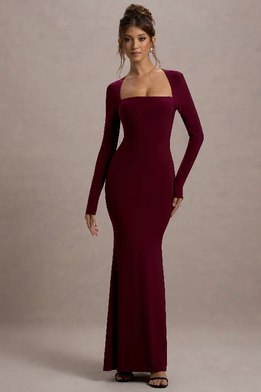 Maja | Burgundy Square-Neck Long-Sleeve Maxi Dress Stylish Longline Maxi Dress