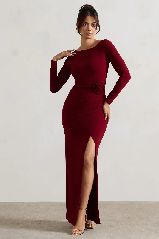 Makayla | Berry Long-Sleeve Wrap Maxi Dress With Corsages Elegant Maxi Dress with Slit Makayla | Berry Long-Sleeve Wrap Maxi Dress With Corsages Elegant Maxi Dress with Slit
