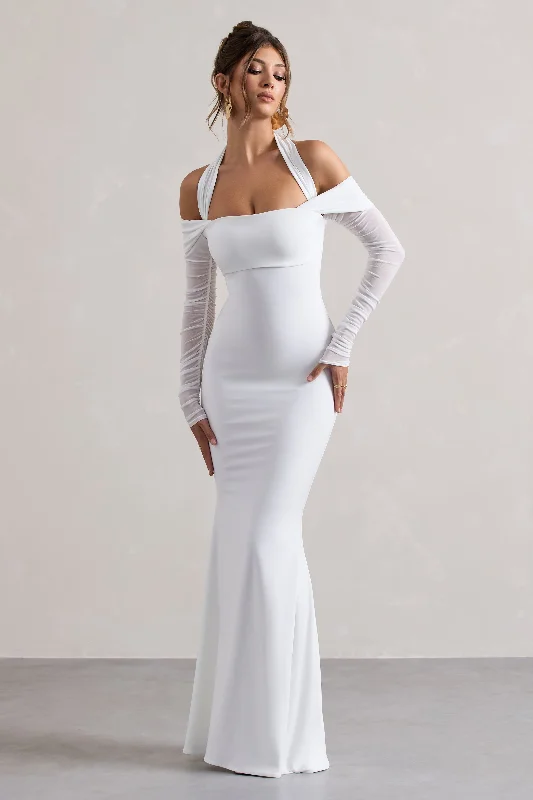 Malisha | White Halter-Neck Long-Sleeve Fishtail Maxi Dress Fashionable High-Waist Maxi Dress Malisha | White Halter-Neck Long-Sleeve Fishtail Maxi Dress Fashionable High-Waist Maxi Dress