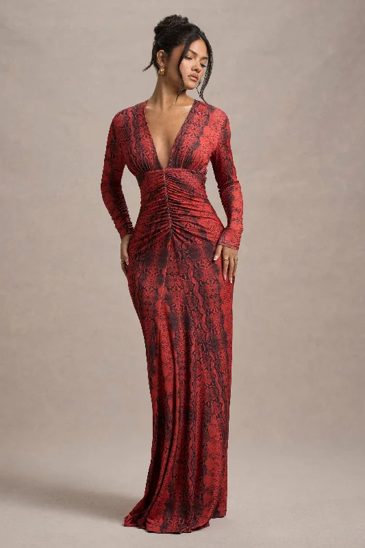 Mamba | Red Snake Print Plunge-Neck Long-Sleeve Maxi Dress Stylish Boho Chic Maxi Dress Mamba | Red Snake Print Plunge-Neck Long-Sleeve Maxi Dress Stylish Boho Chic Maxi Dress