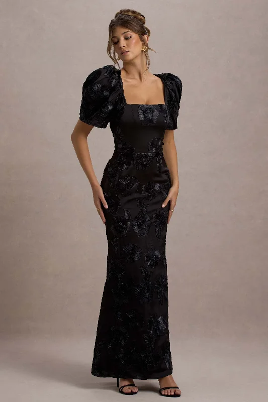 Marilla | Black Mesh Floral Square-Neck Puff-Sleeve Maxi Dress Classic Black Maxi Dress Marilla | Black Mesh Floral Square-Neck Puff-Sleeve Maxi Dress Classic Black Maxi Dress