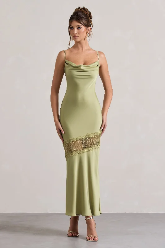 Matera | Light Olive Satin Cowl-Neck Lace Trim Maxi Dress Comfortable Casual Maxi Dress Matera | Light Olive Satin Cowl-Neck Lace Trim Maxi Dress Comfortable Casual Maxi Dress