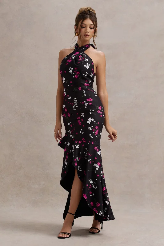 Melodia | Black Ditsy Floral Print Satin Halter-Neck Ruffled Maxi Dress Trendy Printed Maxi Dress Melodia | Black Ditsy Floral Print Satin Halter-Neck Ruffled Maxi Dress Trendy Printed Maxi Dress