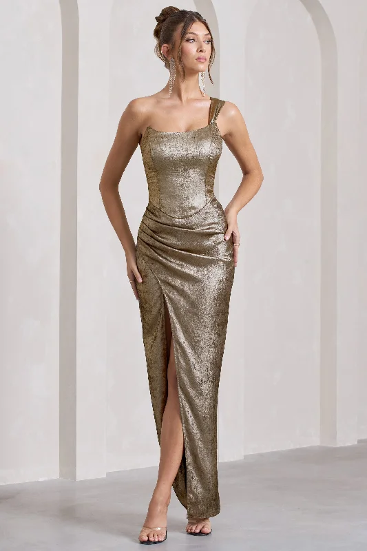 Mercy | Gold Metallic One-Shoulder Corseted Wrap Maxi Dress Fashionable Off-Shoulder Maxi Dress Mercy | Gold Metallic One-Shoulder Corseted Wrap Maxi Dress Fashionable Off-Shoulder Maxi Dress