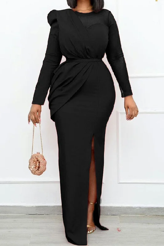 Mesh Patchwork Glamorous Ruched Design High Split Belted Maxi Dress Stylish Maxi Dress with Frills Mesh Patchwork Glamorous Ruched Design High Split Belted Maxi Dress Stylish Maxi Dress with Frills