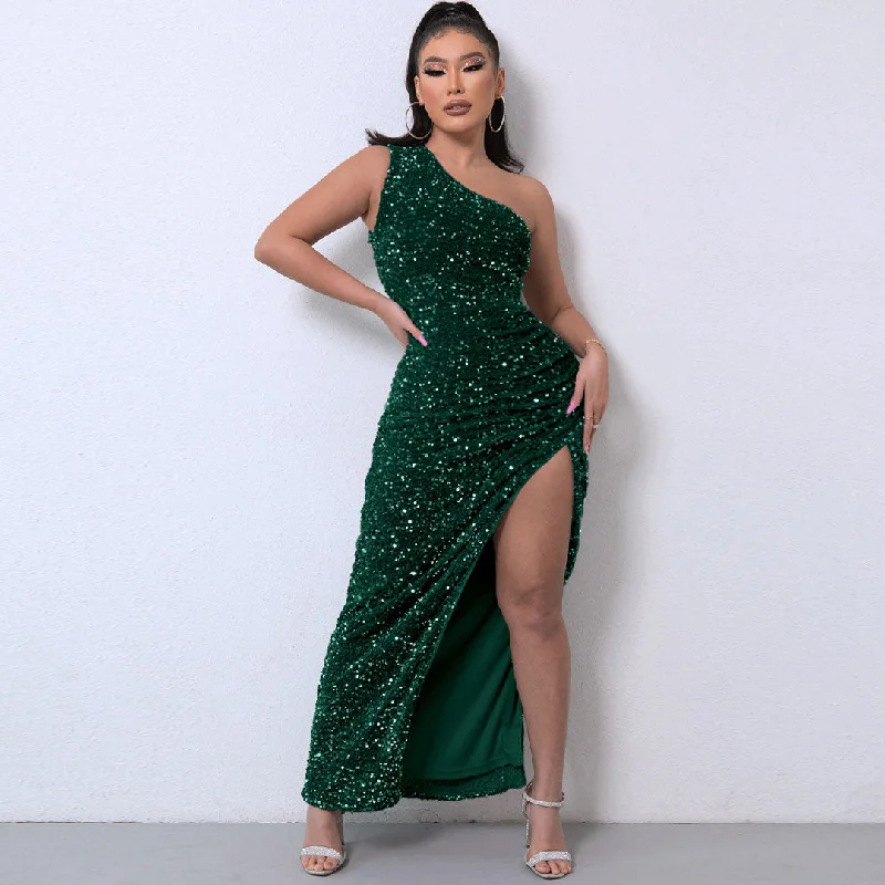 Shimmery Sequin High Split One Shoulder Gown Maxi Dress - Emerald Green Fashionable Layered Maxi Dress Shimmery Sequin High Split One Shoulder Gown Maxi Dress - Emerald Green Fashionable Layered Maxi Dress