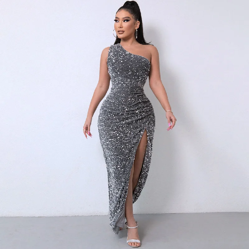 Shimmery Sequin High Split One Shoulder Gown Maxi Dress - Dark Gray Elegant Wraparound Maxi Dress Shimmery Sequin High Split One Shoulder Gown Maxi Dress - Dark Gray Elegant Wraparound Maxi Dress