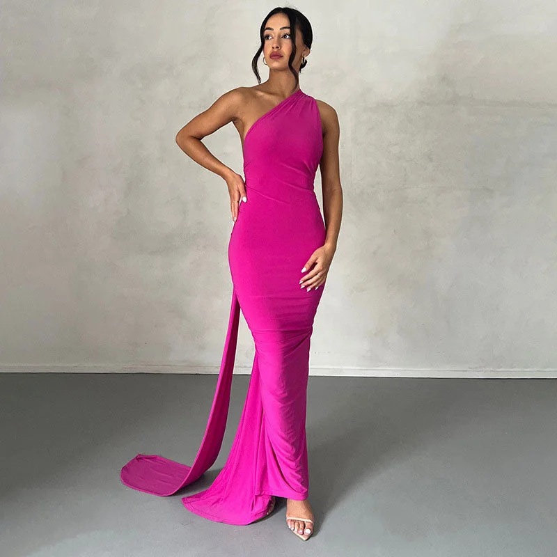 Solid Color One Shoulder Ruched Evening Maxi Dress - Hot Pink Cozy Spaghetti Strap Maxi Dress Solid Color One Shoulder Ruched Evening Maxi Dress - Hot Pink Cozy Spaghetti Strap Maxi Dress
