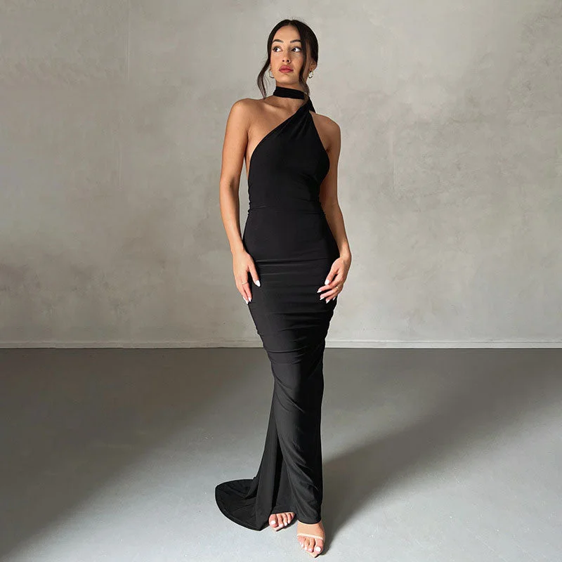 Solid Color One Shoulder Ruched Evening Maxi Dress - Black Fashionable Printed Maxi Dress Solid Color One Shoulder Ruched Evening Maxi Dress - Black Fashionable Printed Maxi Dress