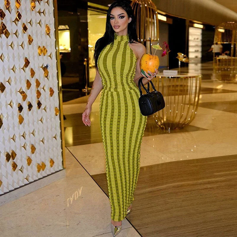 Popcorn Striped High Neck Sleeveless Bodycon Maxi Dress - Green Cozy Ribbed Maxi Dress Popcorn Striped High Neck Sleeveless Bodycon Maxi Dress - Green Cozy Ribbed Maxi Dress