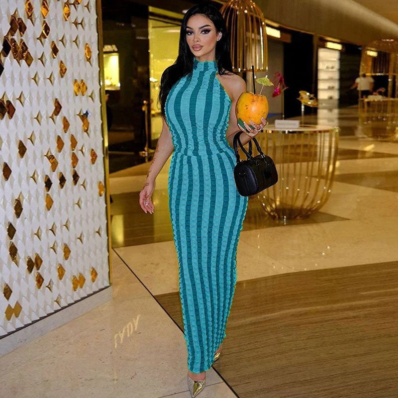 Popcorn Striped High Neck Sleeveless Bodycon Maxi Dress - Blue Comfortable Casual Maxi Dress Popcorn Striped High Neck Sleeveless Bodycon Maxi Dress - Blue Comfortable Casual Maxi Dress