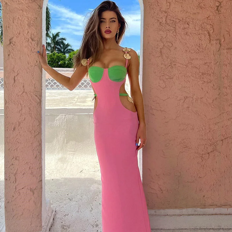 Contrast Color Shells Sleeveless Cutout Prom Maxi Dress - Pink Classic Strapless Maxi Dress Contrast Color Shells Sleeveless Cutout Prom Maxi Dress - Pink Classic Strapless Maxi Dress