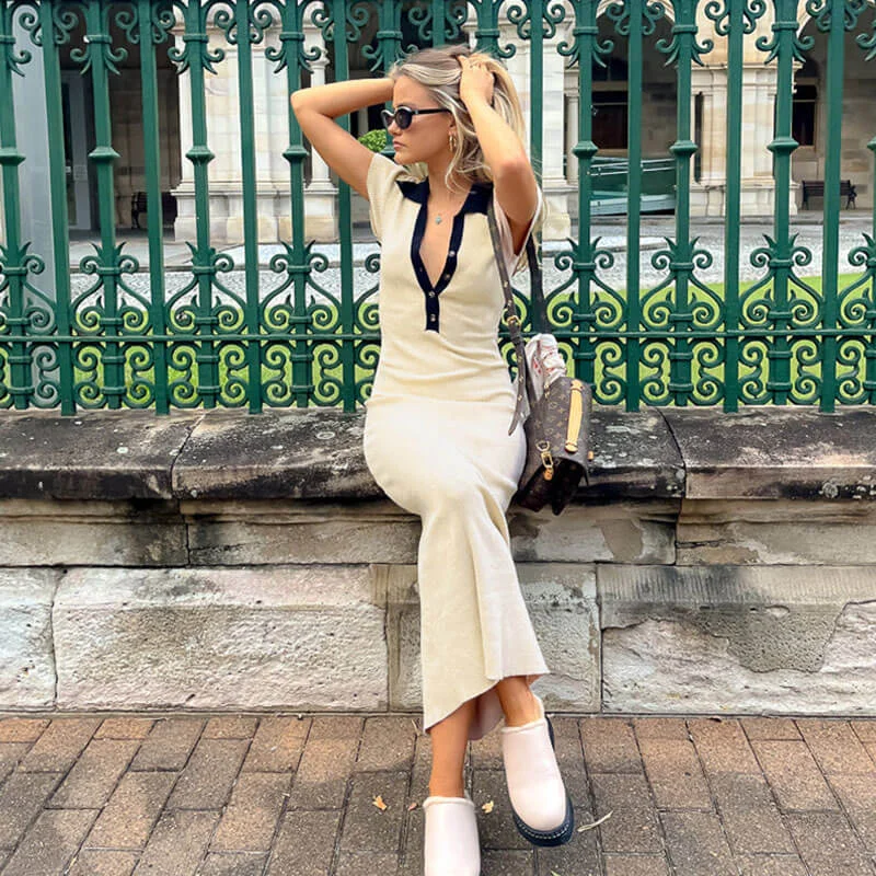 Ribbed Contrast Collar Short Sleeve Button Front Bodycon Maxi Dress - Apricot Fashionable Sleeveless Maxi Dress Ribbed Contrast Collar Short Sleeve Button Front Bodycon Maxi Dress - Apricot Fashionable Sleeveless Maxi Dress