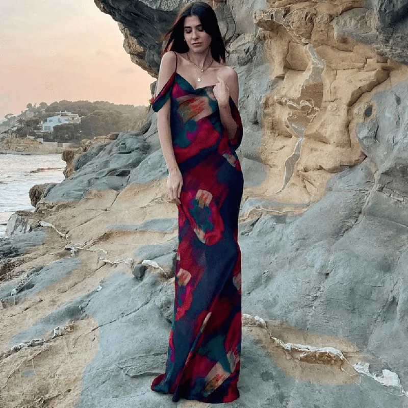 Vintage Print Cowl Neck Cold Shoulder Vacation Maxi Dress - Red Elegant Maxi Dress with Lace Vintage Print Cowl Neck Cold Shoulder Vacation Maxi Dress - Red Elegant Maxi Dress with Lace