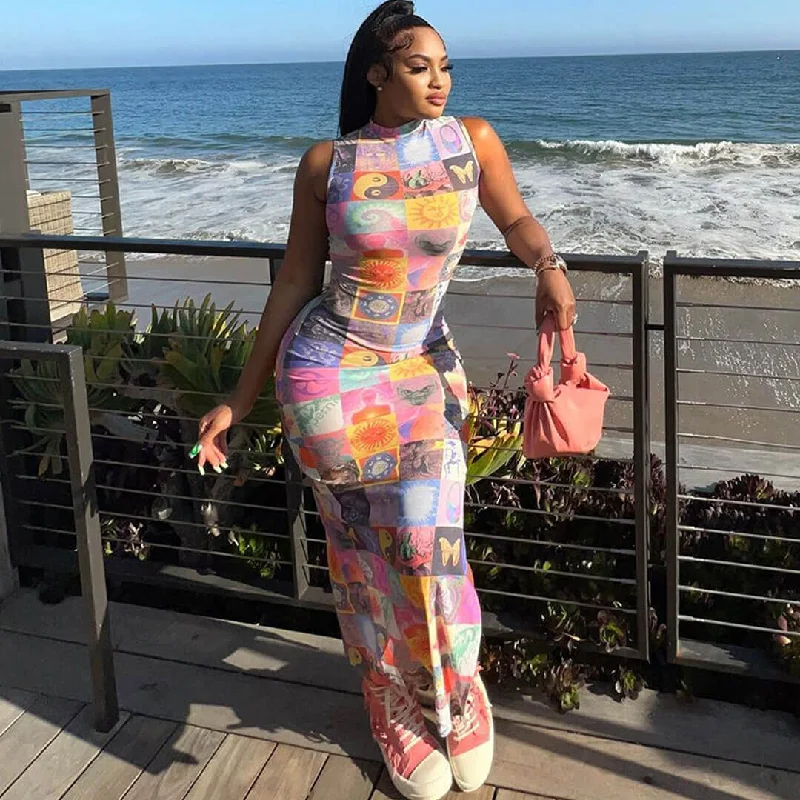 Unique High Neck Split Blotter Print Sleeveless Maxi Dress - Multicolor Trendy Fit-and-Flare Maxi Dress Unique High Neck Split Blotter Print Sleeveless Maxi Dress - Multicolor Trendy Fit-and-Flare Maxi Dress