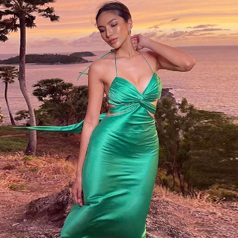 Striking Tie Back Twist Front Cut Out Satin Slip Maxi Dress - Green Trendy Maxi Dress with Belt Striking Tie Back Twist Front Cut Out Satin Slip Maxi Dress - Green Trendy Maxi Dress with Belt