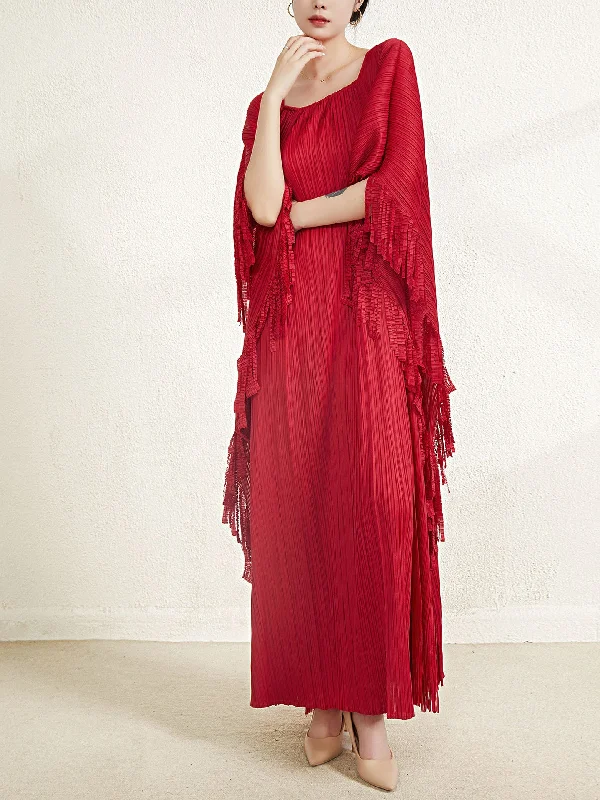 Miyake Pleated Flare Sleeves Maxi Dress with Fringe Detail Comfortable Cotton Maxi Dress Miyake Pleated Flare Sleeves Maxi Dress with Fringe Detail Comfortable Cotton Maxi Dress