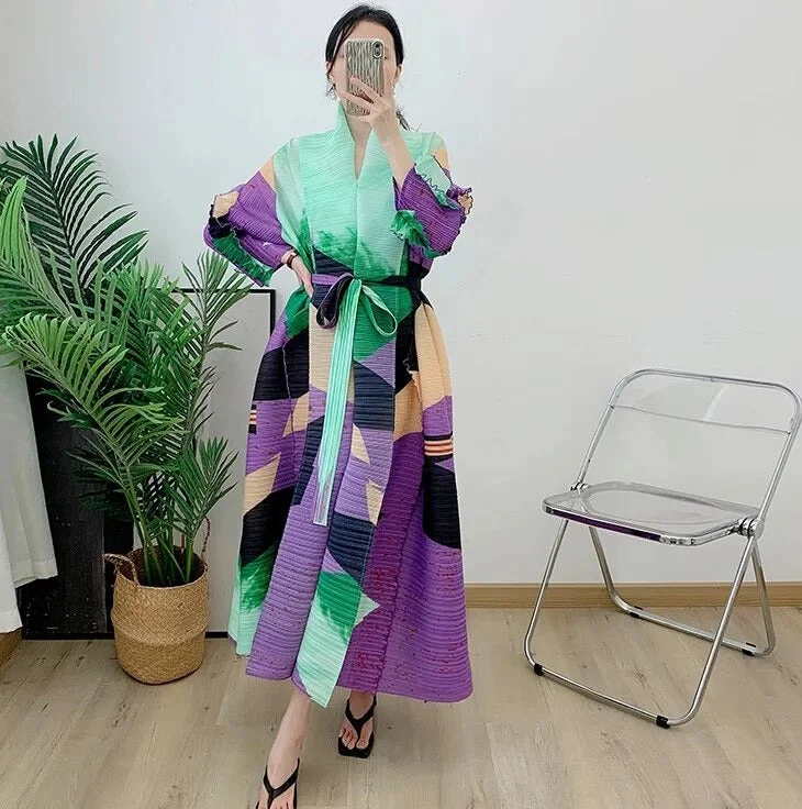Miyake Pleated Pressed Ruffle Long Sleeve Maxi Dress Comfortable Maxi Dress with Belt Miyake Pleated Pressed Ruffle Long Sleeve Maxi Dress Comfortable Maxi Dress with Belt
