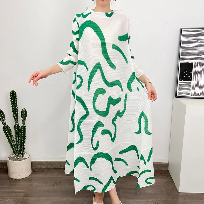 Miyake Pleated Printed O-Neck Maxi Dress Cozy Spaghetti Strap Maxi Dress