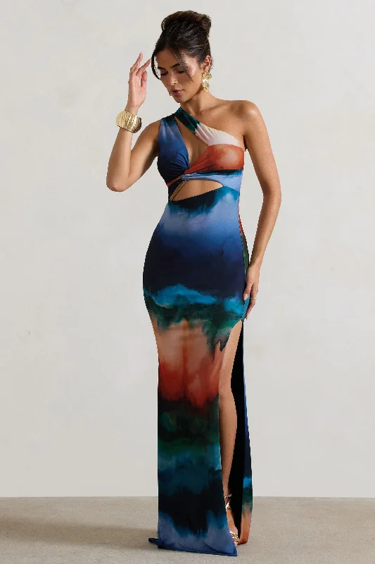Mykonos | Multi Blur Print Asymmetric Cut-Out Split Maxi Dress Cozy Spaghetti Strap Maxi Dress Mykonos | Multi Blur Print Asymmetric Cut-Out Split Maxi Dress Cozy Spaghetti Strap Maxi Dress