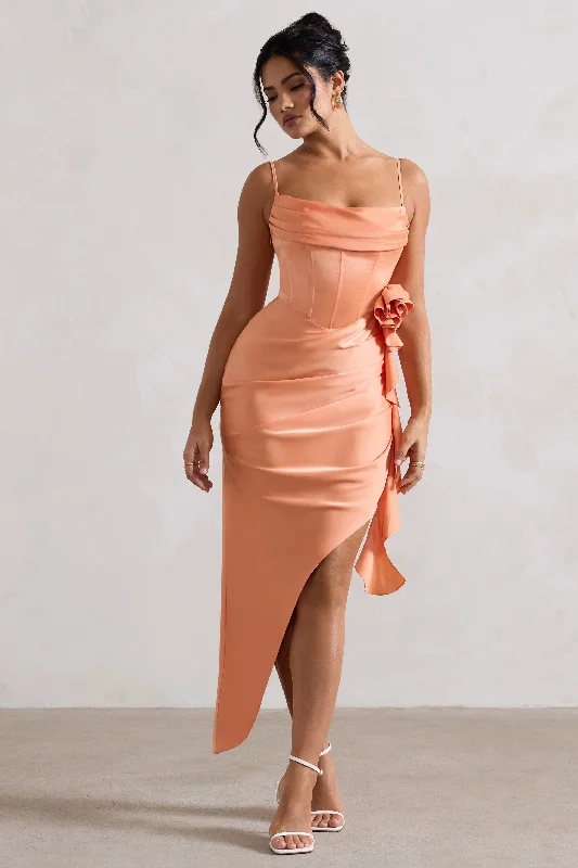 On The List | Peach Asymmetric Corset Maxi Dress With Floral Drape Cozy Ruffle Sleeve Maxi Dress On The List | Peach Asymmetric Corset Maxi Dress With Floral Drape Cozy Ruffle Sleeve Maxi Dress