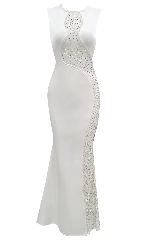 Peek Of Perfection <br><span>White Sleeveless Sheer Mesh Rhinestone Cut Out Back Round Neck Mermaid Maxi Dress</span> Classic Solid Maxi Dress Peek Of Perfection <br><span>White Sleeveless Sheer Mesh Rhinestone Cut Out Back Round Neck Mermaid Maxi Dress</span> Classic Solid Maxi Dress
