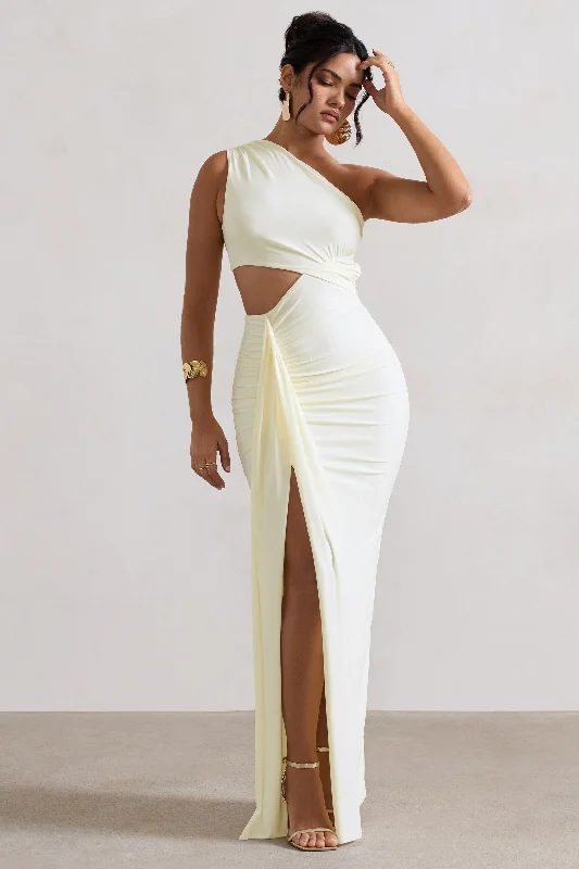 Rhodes | Ecru One-Shoulder Cut-Out Split Maxi Dress With Drape Chic Off-Shoulder Maxi Dress Rhodes | Ecru One-Shoulder Cut-Out Split Maxi Dress With Drape Chic Off-Shoulder Maxi Dress