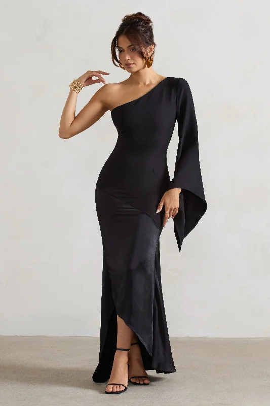 Salem | Black Asymmetric Cape-Sleeve Maxi Dress With Satin Skirt Trendy Printed Maxi Dress Salem | Black Asymmetric Cape-Sleeve Maxi Dress With Satin Skirt Trendy Printed Maxi Dress