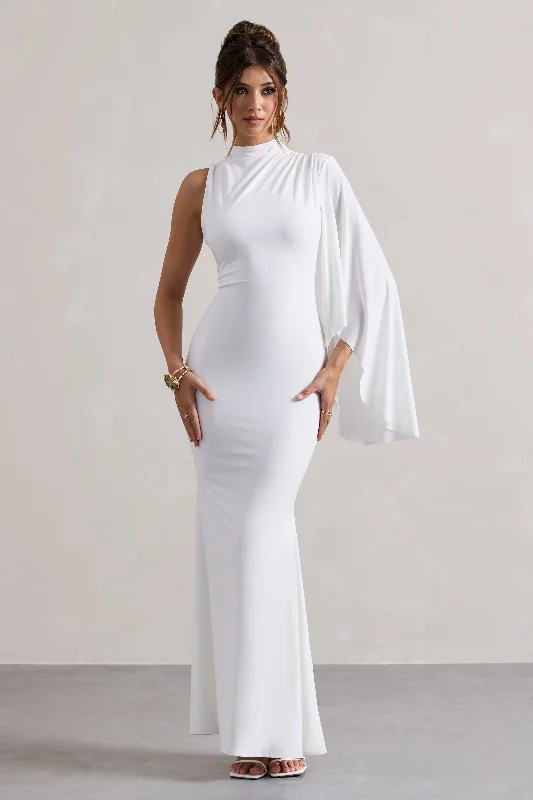 Samaya | White High-Neck Cape-Sleeve Maxi Dress Stylish V-Neck Maxi Dress