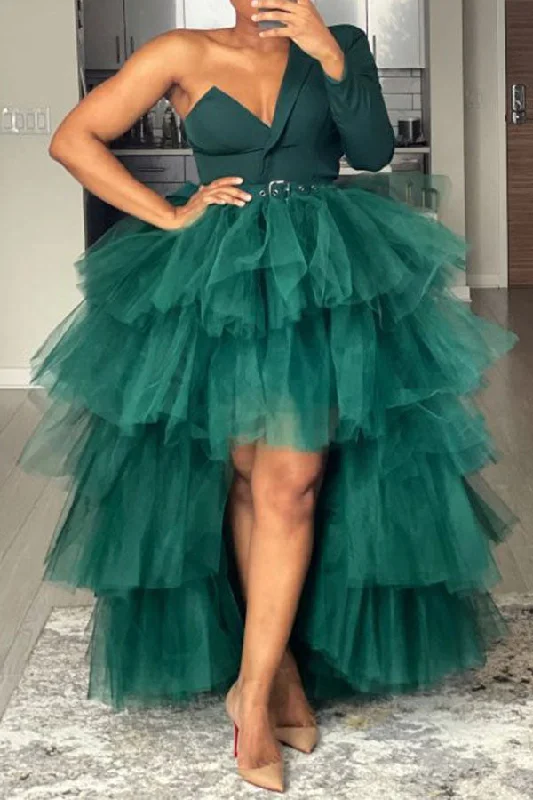 Solid Color Asymmetric Romantic High Low Tulle Tiered Maxi Dress Fashionable Sheer Maxi Dress