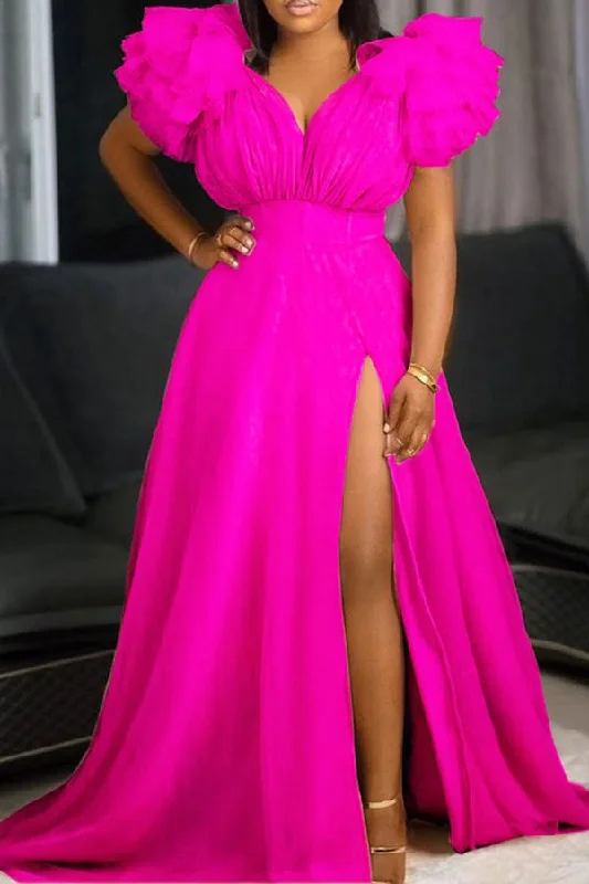 Solid Color Mesh Tiered Sleeve Feminine High Split Maxi Dress Fashionable Off-Shoulder Maxi Dress Solid Color Mesh Tiered Sleeve Feminine High Split Maxi Dress Fashionable Off-Shoulder Maxi Dress