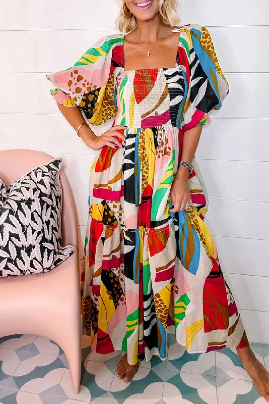 KaleaBoutique Square Neck Smocked Abstract Print Boho Maxi Dress Stylish Pleated A-Line Maxi Dress KaleaBoutique Square Neck Smocked Abstract Print Boho Maxi Dress Stylish Pleated A-Line Maxi Dress