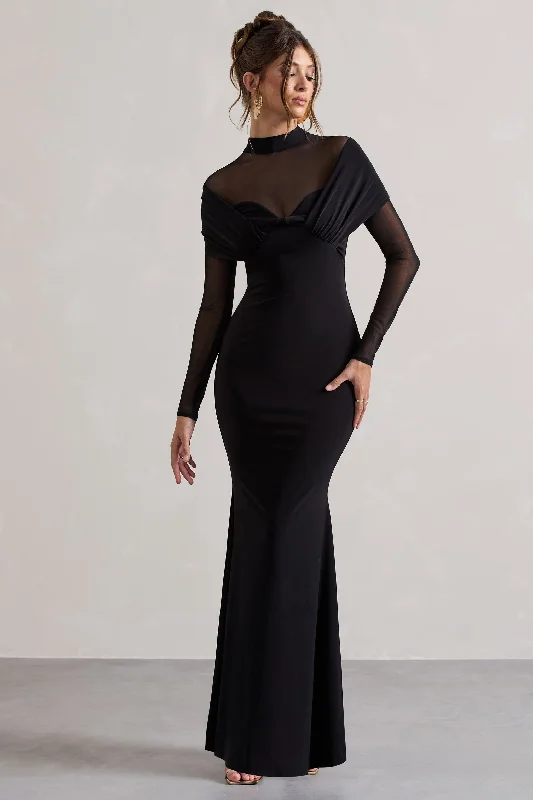 Tasha | Black Mesh High-Neck Long-Sleeve Maxi Dress Elegant Sleeveless Maxi Dress