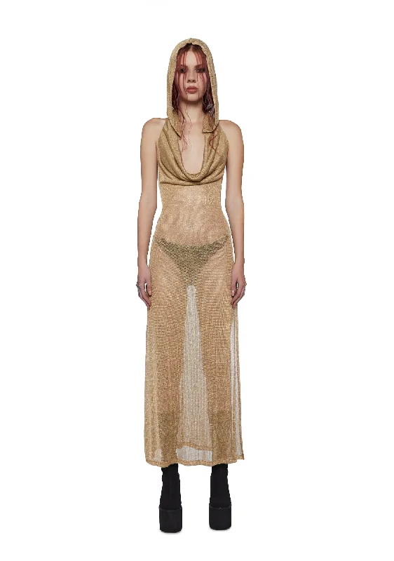 Tempo Metallic Hoodie Maxi Dress - Gold Fashionable Sheer Maxi Dress