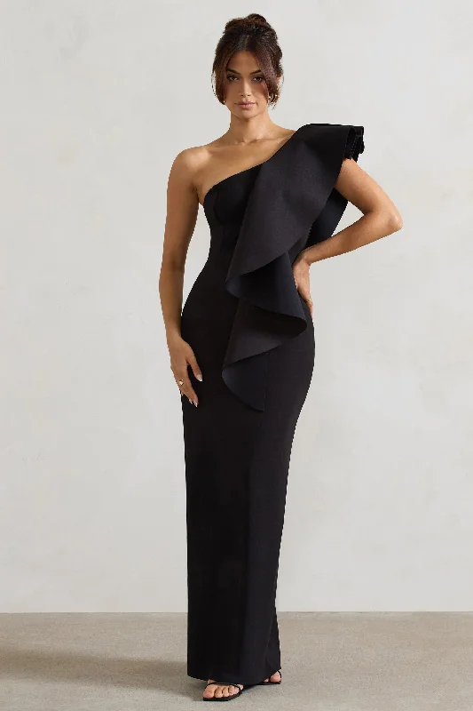 Timeless Love | Black Asymmetric Draped Ruffle Maxi Dress Elegant Sleeveless Maxi Dress Timeless Love | Black Asymmetric Draped Ruffle Maxi Dress Elegant Sleeveless Maxi Dress