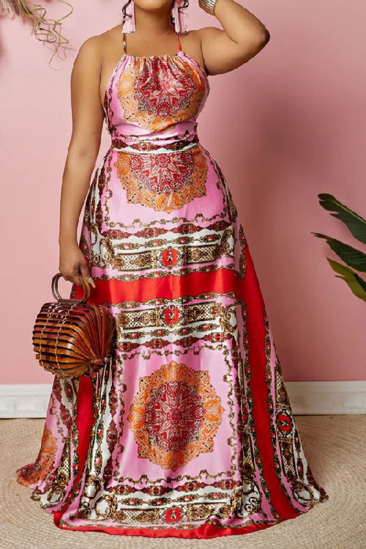 Tribal Print Bohemia Halter Collar Maxi Dress Stylish Boho Chic Maxi Dress