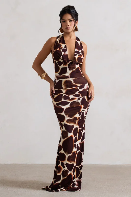 Tulum | Giraffe Print Cowl-Neck Gathered Split Maxi Dress Comfortable T-Shirt Maxi Dress Tulum | Giraffe Print Cowl-Neck Gathered Split Maxi Dress Comfortable T-Shirt Maxi Dress