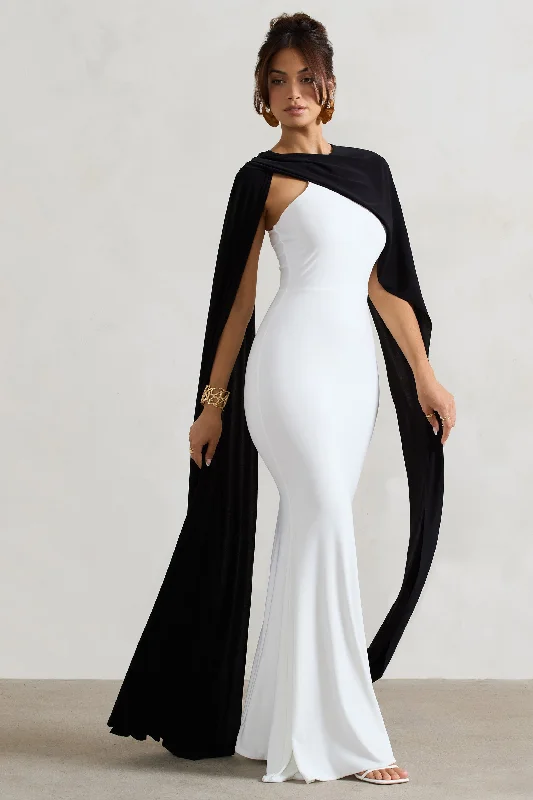 Vianna | White Strapless Maxi Dress With Black Cape Trendy V-Neck Maxi Dress
