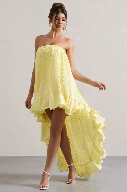 Whistler | Lemon Chiffon Bandeau High-Low Ruffled Maxi Dress Fashionable Off-Shoulder Maxi Dress Whistler | Lemon Chiffon Bandeau High-Low Ruffled Maxi Dress Fashionable Off-Shoulder Maxi Dress
