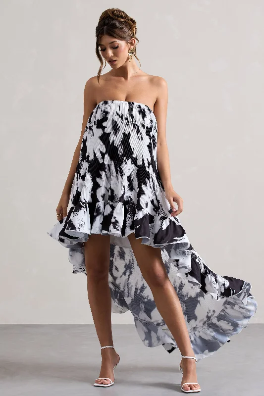 Whistler | Monochrome Floral Chiffon Bandeau High-Low Ruffled Maxi Dress Elegant Tiered Maxi Dress Whistler | Monochrome Floral Chiffon Bandeau High-Low Ruffled Maxi Dress Elegant Tiered Maxi Dress