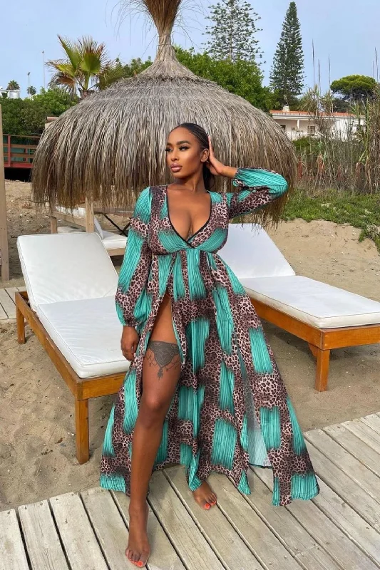 Wild Love Mint Green & Leopard Print Plunge Long Sleeve Double Slit Maxi Dress Classic A-Line Maxi Dress Wild Love Mint Green & Leopard Print Plunge Long Sleeve Double Slit Maxi Dress Classic A-Line Maxi Dress
