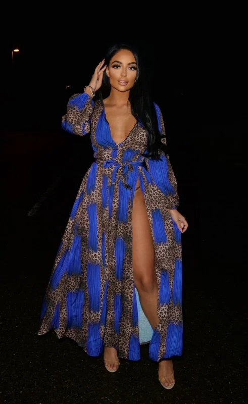Wild Love Royal Blue & Leopard Print Plunge Long Sleeve Double Slit Maxi Dress Fashionable High-Low Maxi Dress Wild Love Royal Blue & Leopard Print Plunge Long Sleeve Double Slit Maxi Dress Fashionable High-Low Maxi Dress