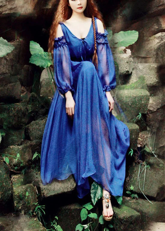 Women Blue V Neck Cold Shoulder Silk Maxi Dresses Puff Sleeve Stylish Maxi Dress with Frills Women Blue V Neck Cold Shoulder Silk Maxi Dresses Puff Sleeve Stylish Maxi Dress with Frills
