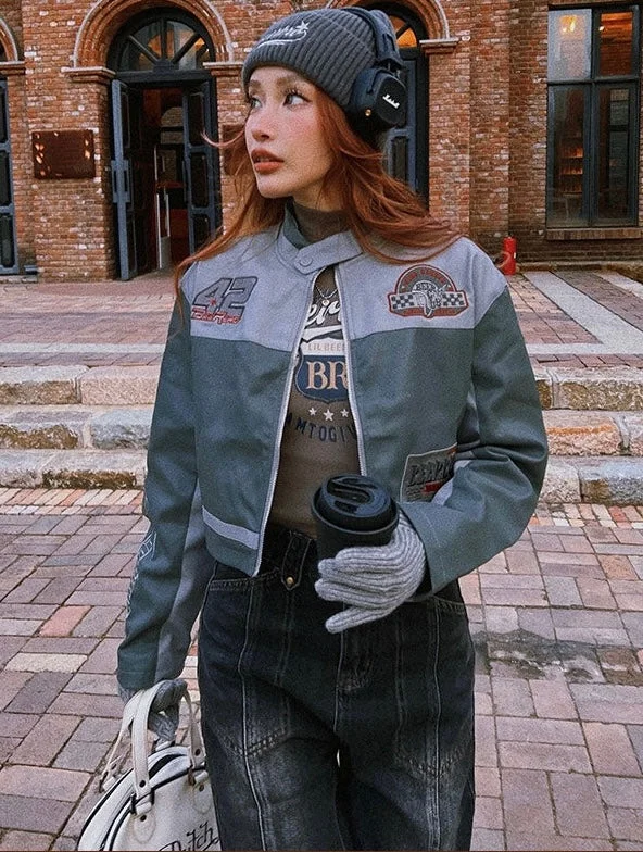 42 BEERS Patchwork Faux Leather Long Sleeve Zip Up Cropped Jacket Snapped Jacket Toggled Jacket Drawstring Jacket 42 BEERS Patchwork Faux Leather Long Sleeve Zip Up Cropped Jacket Snapped Jacket Toggled Jacket Drawstring Jacket