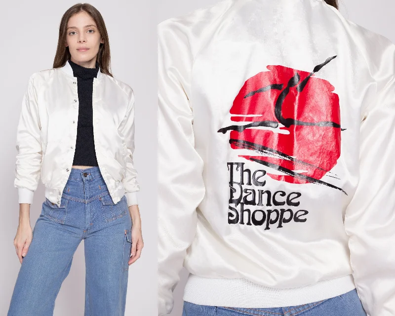 80s The Dance Shoppe Cropped Satin Varsity Jacket - Petite XS Toggled Jacket Drawstring Jacket Belted Jacket 80s The Dance Shoppe Cropped Satin Varsity Jacket - Petite XS Toggled Jacket Drawstring Jacket Belted Jacket
