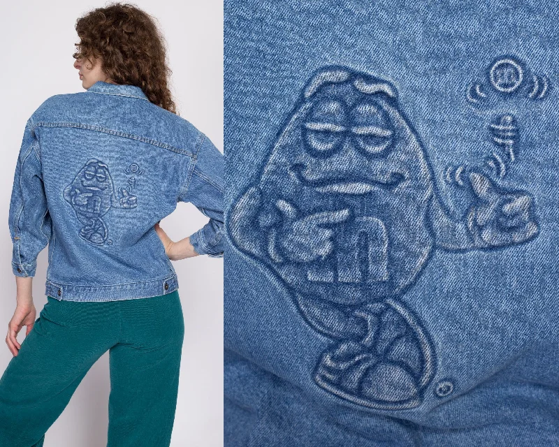 90s M&Ms Embossed Denim Jacket - Petite Small to Medium Herringbone Jacket Checkered Jacket Solid Jacket 90s M&Ms Embossed Denim Jacket - Petite Small to Medium Herringbone Jacket Checkered Jacket Solid Jacket