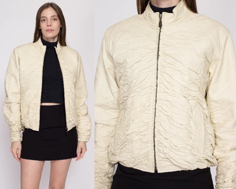 90s Ruched Cream Leather Jacket - Large Belted Jacket Elasticated Jacket Padded Jacket 90s Ruched Cream Leather Jacket - Large Belted Jacket Elasticated Jacket Padded Jacket